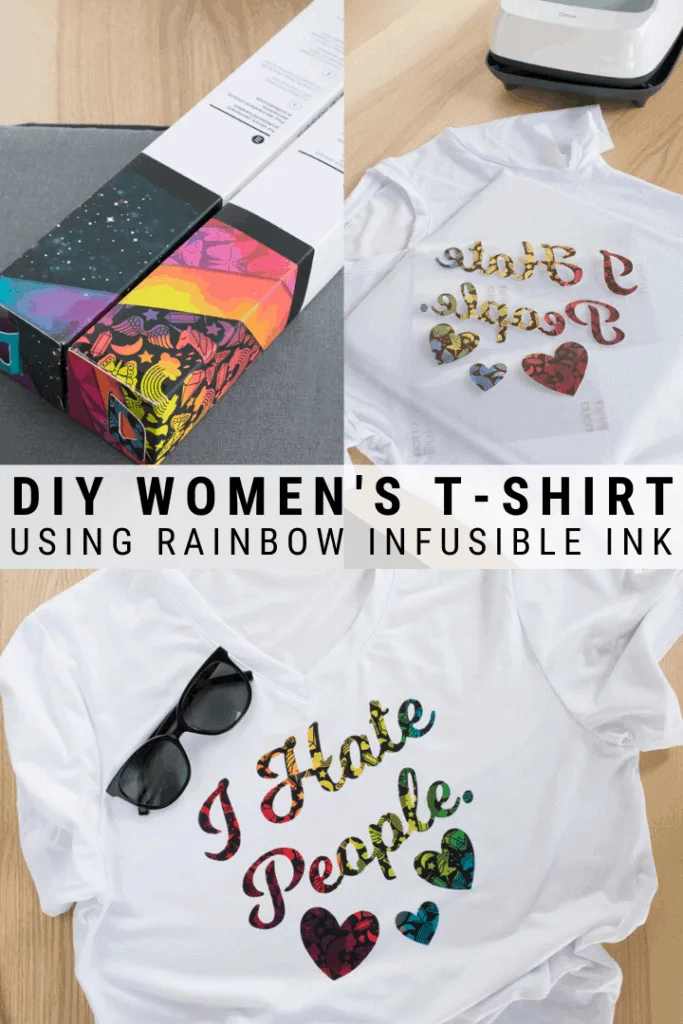 pinnable graphic about how to customize a t-shirt with a rainbow infusible ink transfer including text overlay