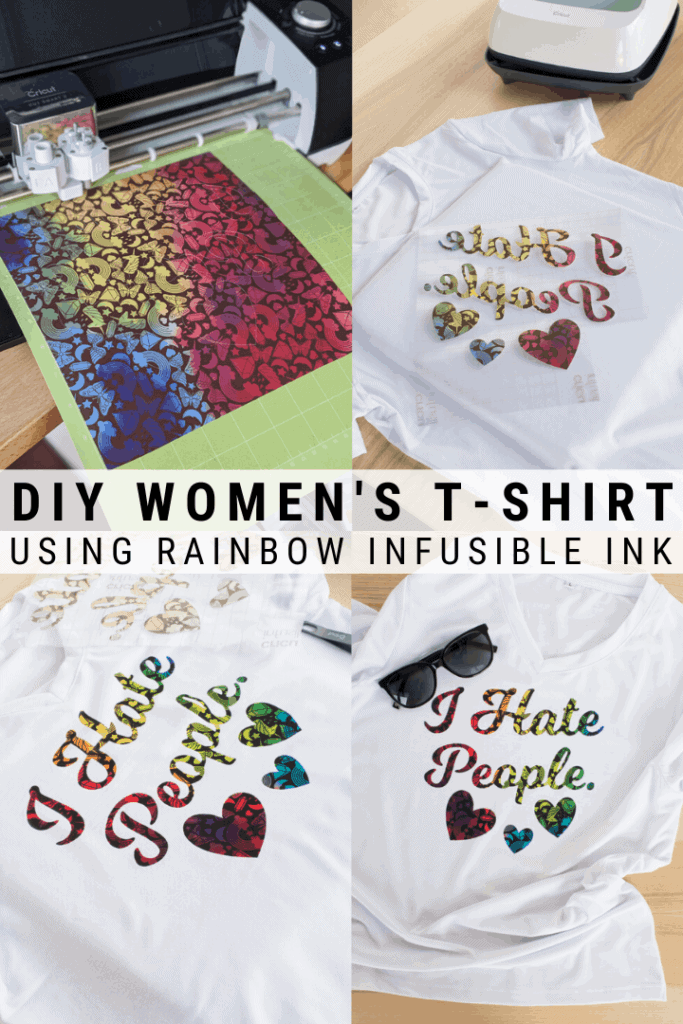 pinnable graphic about how to customize a t-shirt with a rainbow infusible ink transfer including text overlay