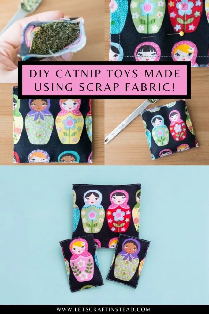 pinnable graphic with images of DIY catnip toys and text about DIY catnip toys made using scrap fabric
