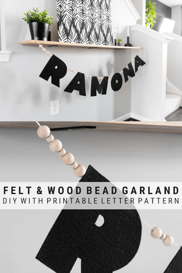 No-Sew Felt Name Garland with wood beads pinnable graphic with images of the garland and text overlay