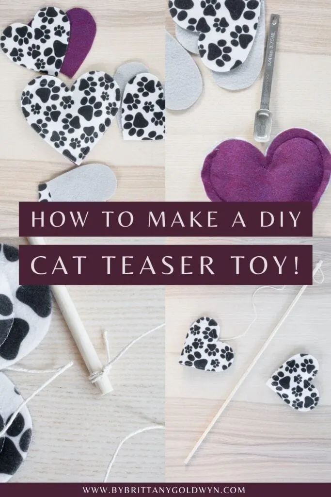 pinnable graphic about how to make a DIY cat teaser toy with photos of the process and text overlay