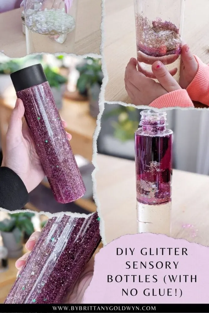 pinnable graphic with collage of images and text overlay about how to make a glitter sensory bottle