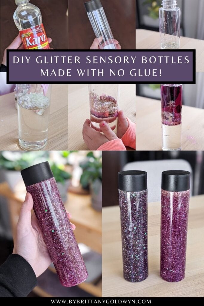 pinnable graphic with collage of images and text overlay about how to make a glitter sensory bottle