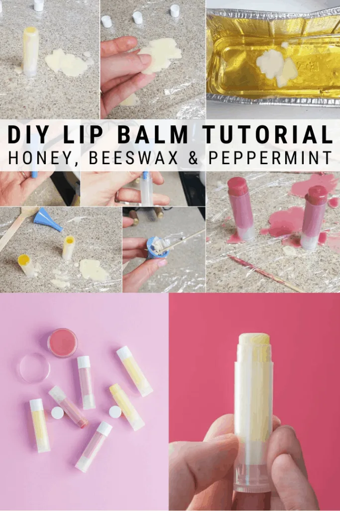 pinnable graphic with image of DIY lip balm and text about how to make it