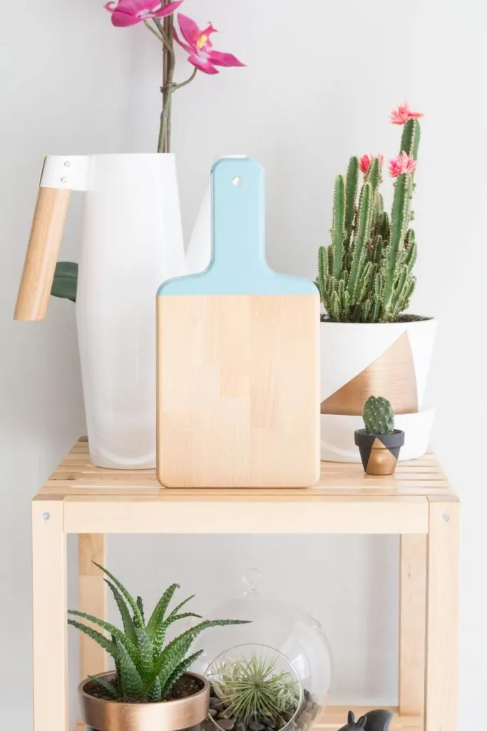 painted cutting board on open shelving with plants and a watering can