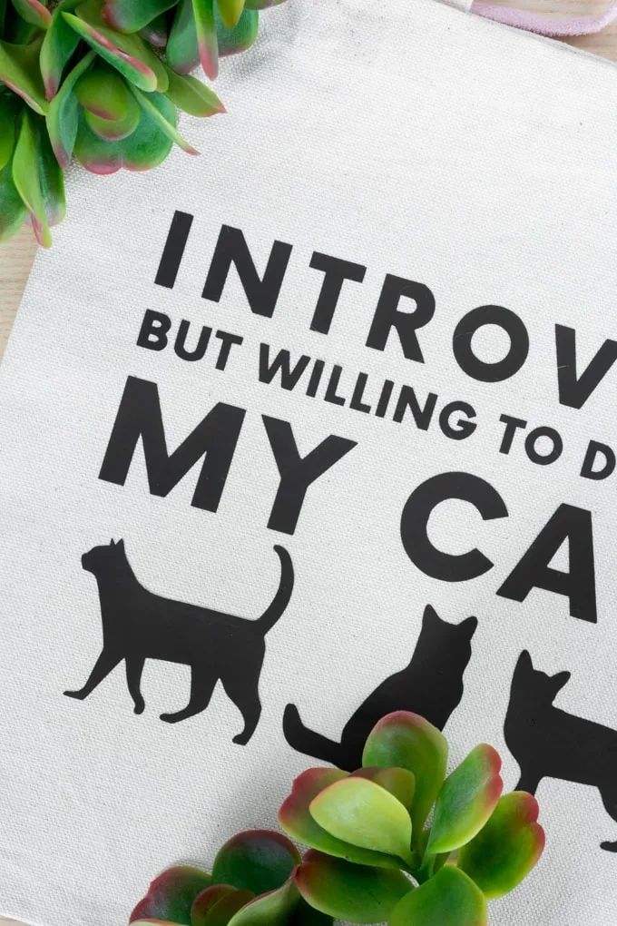 tote bag with a design on it saying introvert but willing to discuss my cats