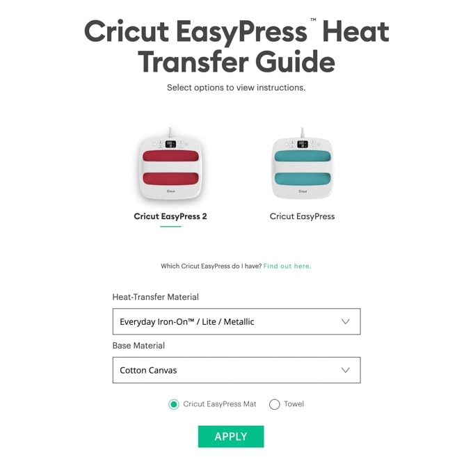 Cricut EasyPress heat guide