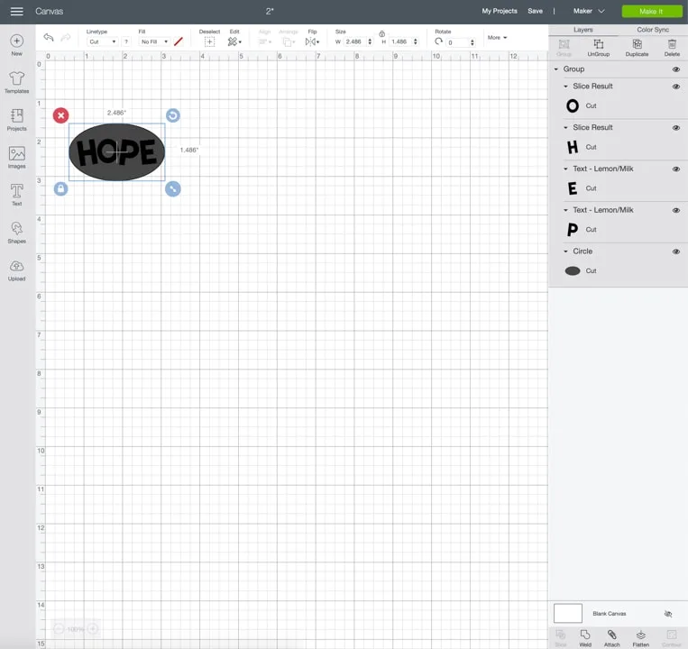 screen caps of Cricut's Design Space to show how to slice text and objects