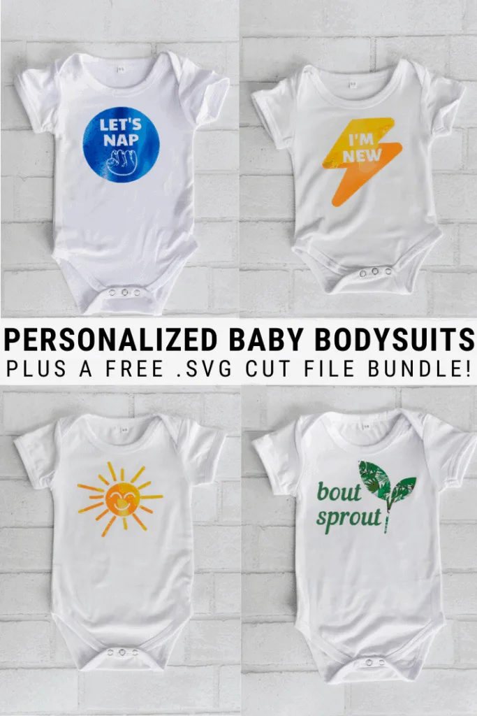 pinnable graphic with images of Cricut Infusible Ink bodysuits and text overlay about how to make them