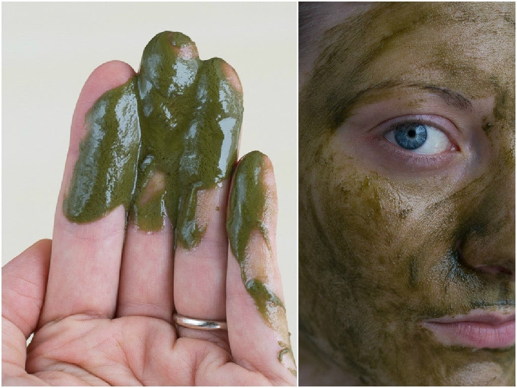 DIY matcha face mask on a hand and face