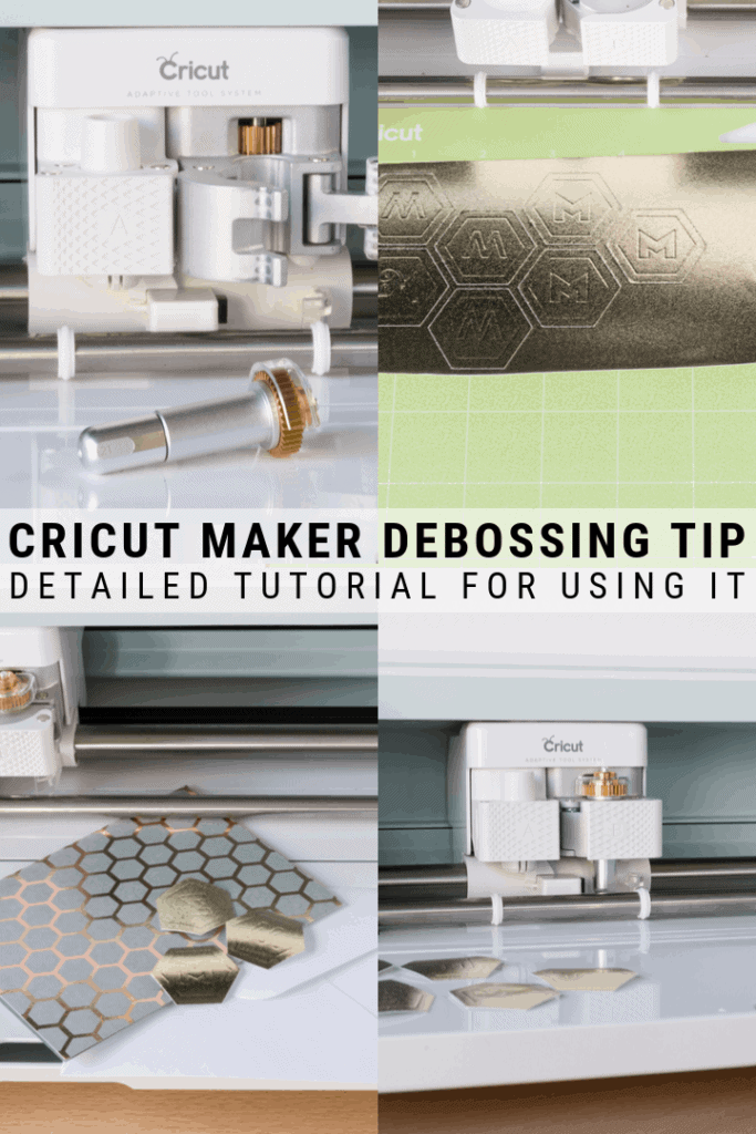 pinnable graphic about how to use the Cricut Maker's debossing tip with images of debossed stickers