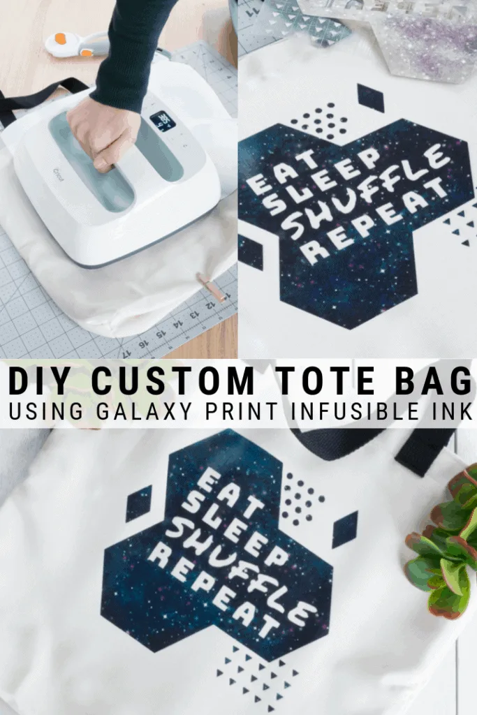 pinnable graphic about how to make a custom tote bag using Cricut's Infusible Ink including text overlay