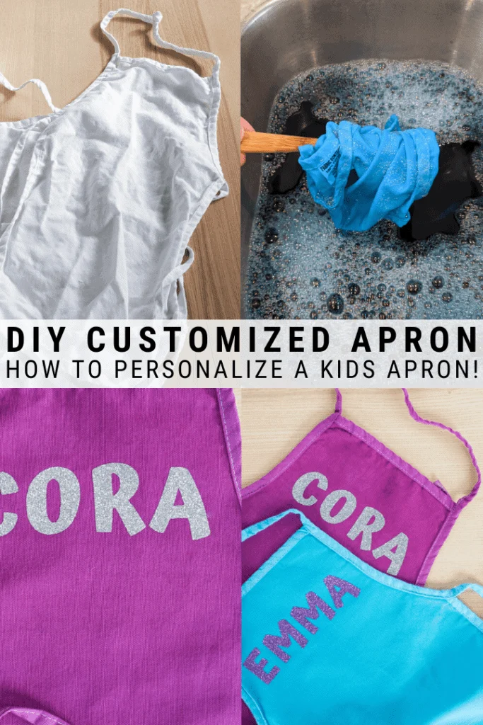 pinnable graphic with images of dyeing kids aprons and text overlay about how to customize a kids apron