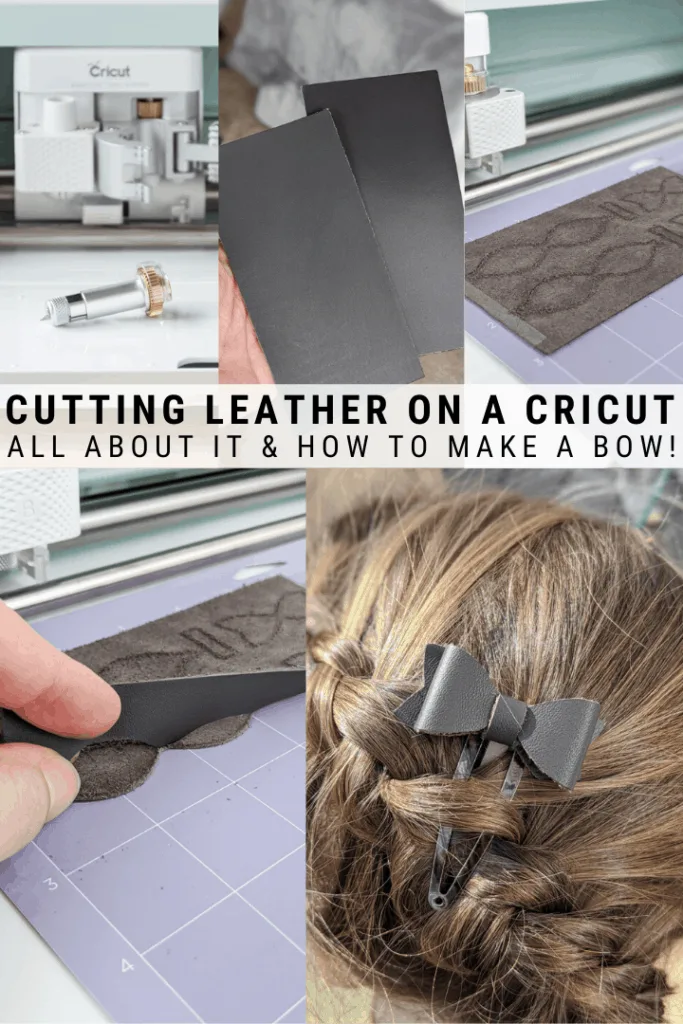 pinnable graphic with images that show the process of cutting leather with the Cricut Maker and text overlay