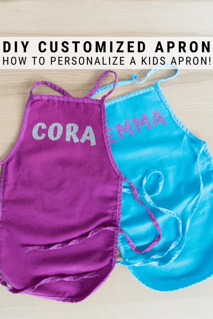 pinnable graphic with images of dyeing kids aprons and text overlay about how to customize a kids apron