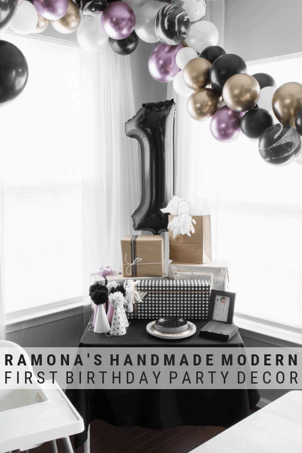 pinnable graphic about a modern stylish first birthday party with images of the party and text overlay