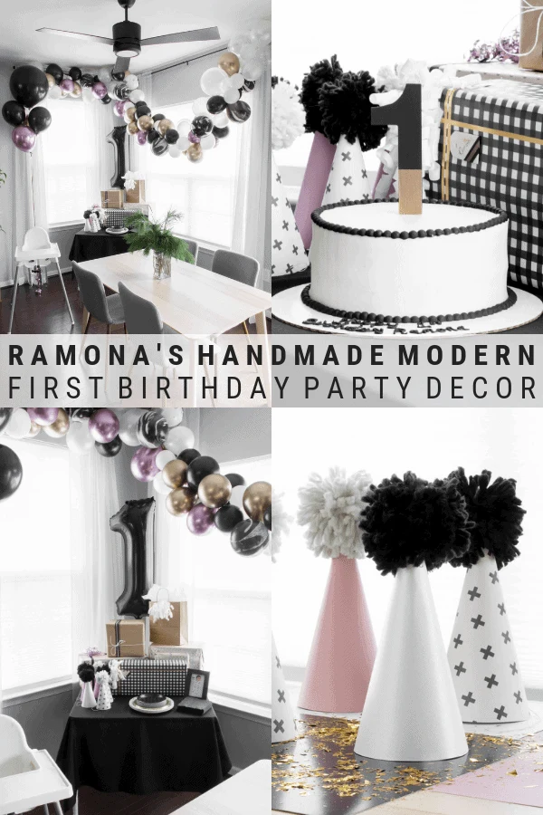 pinnable graphic about a modern stylish first birthday party with images of the party and text overlay