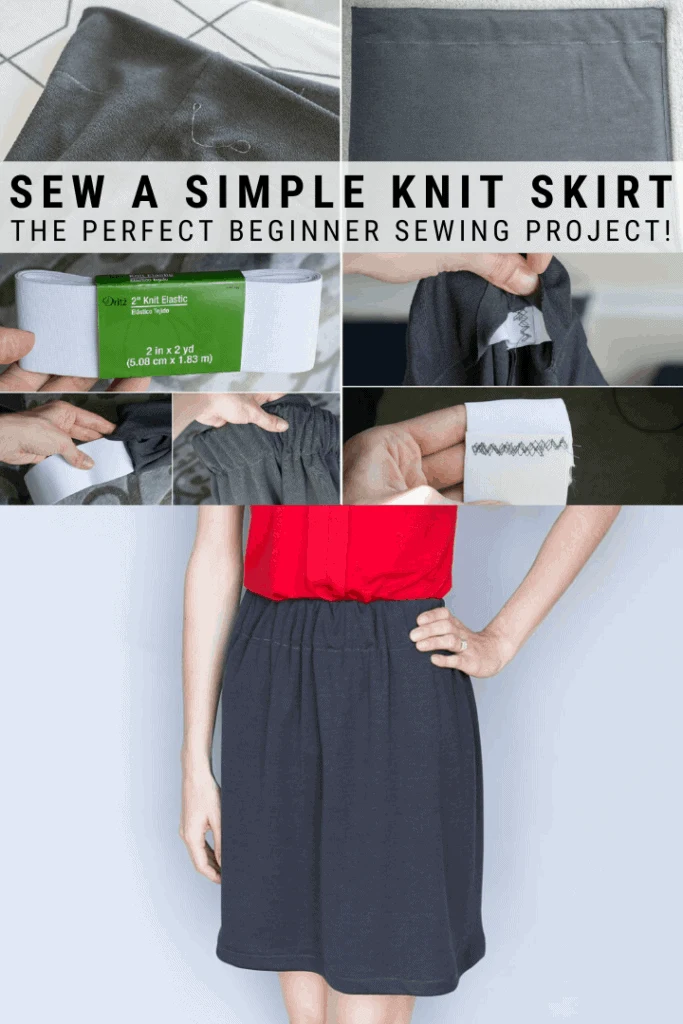 pinnable graphic about how to make a simple knit skirt with text overlay