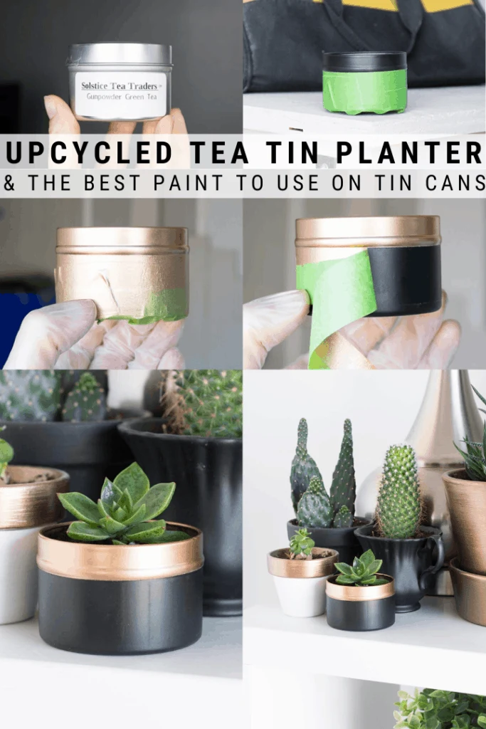 pinnable graphic about how to turn an old tea tin into a planter including text overlay