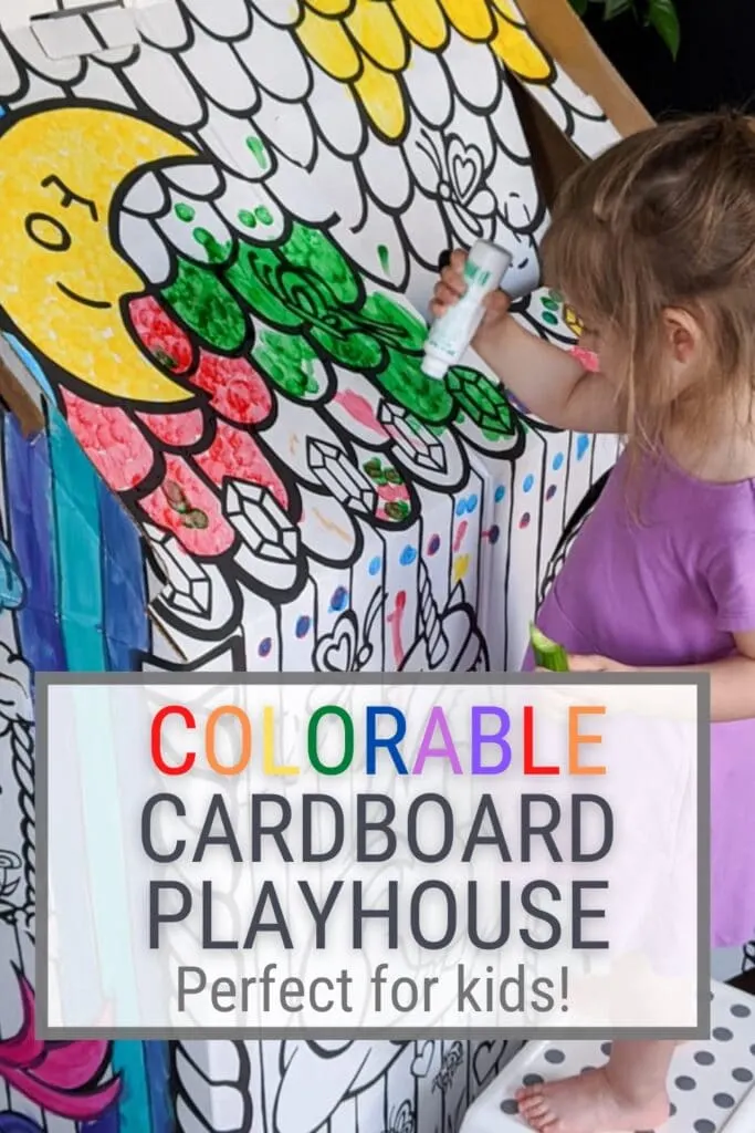 pinnable graphic about my Colorable Cardboard Playhouse Review with pictures of the playhouse and text overlay