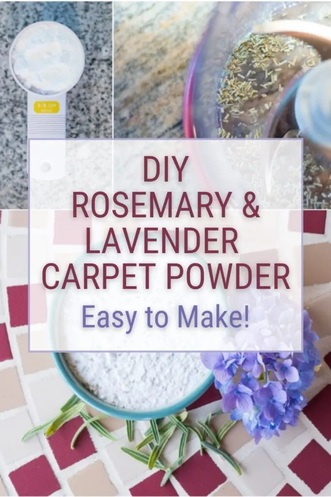 pinnable graphic about DIY carpet powder using rosemary and lavender with text overlay about how to make it