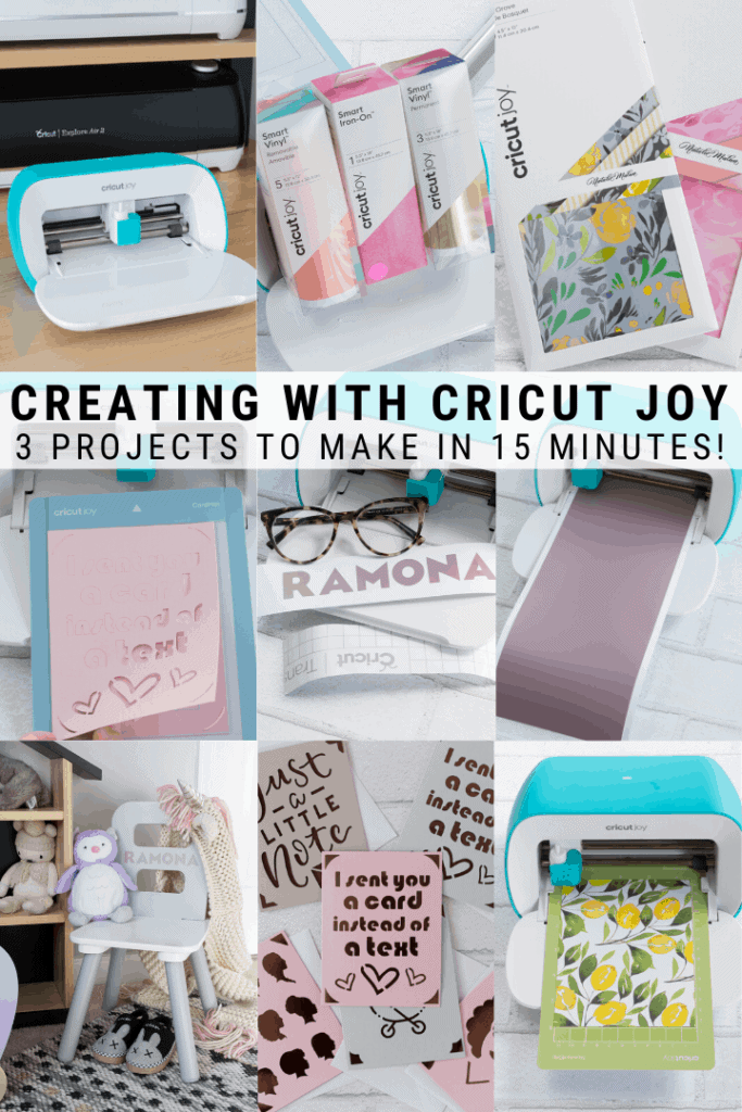 pinnable graphic about creating with the Cricut joy including photos of projects and text overlay