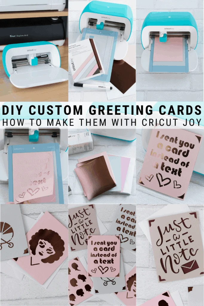 pinnable graphic about creating with the Cricut joy including photos of projects and text overlay