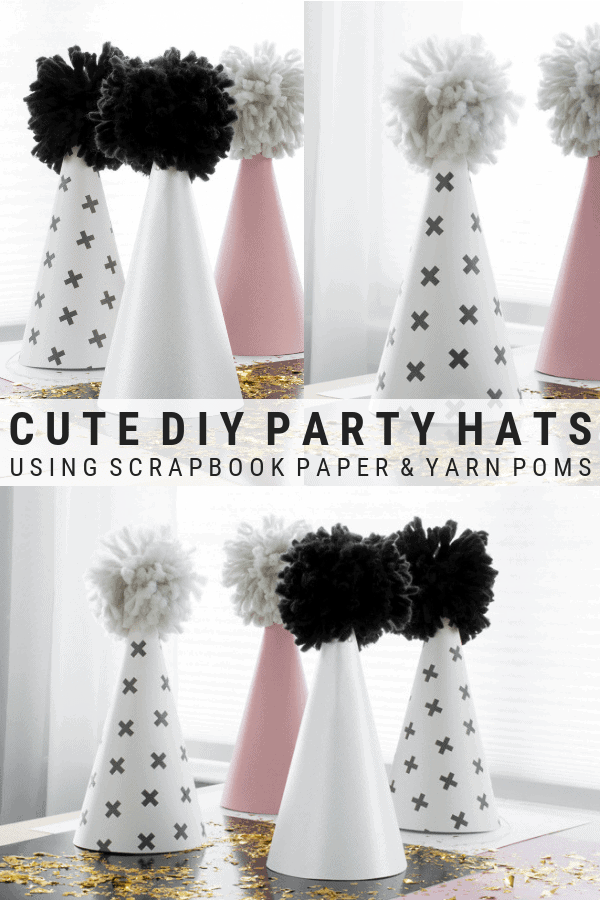 pinnable graphic about how to make DIY scrapbook paper and yarn pom pom party hats including images and text overlay