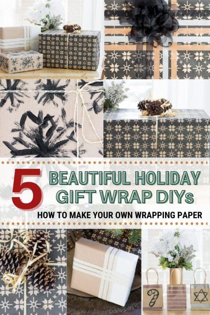 Image collage of DIY gift wrap with text 5 beautiful holiday gift wrap DIYs, how to make your own wrapping paper
