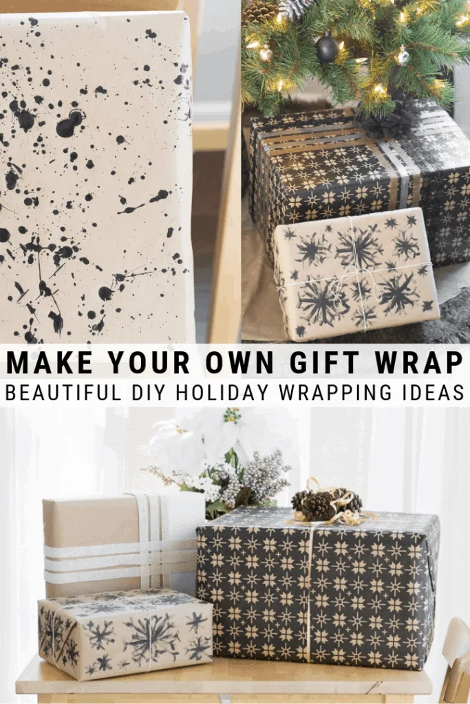 Image collage of DIY gift wrap with text 5 beautiful holiday gift wrap DIYs, how to make your own wrapping paper