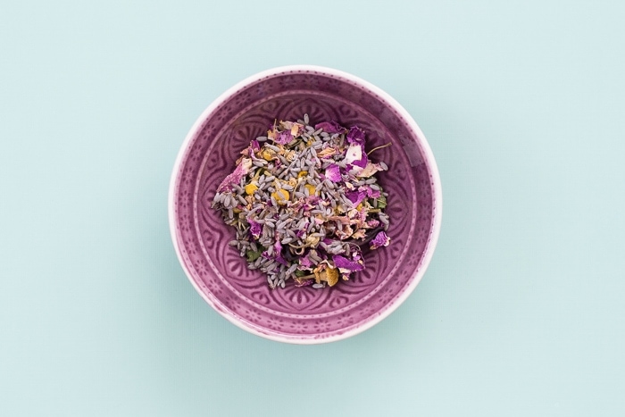 floral loose leaf tea in a bowl