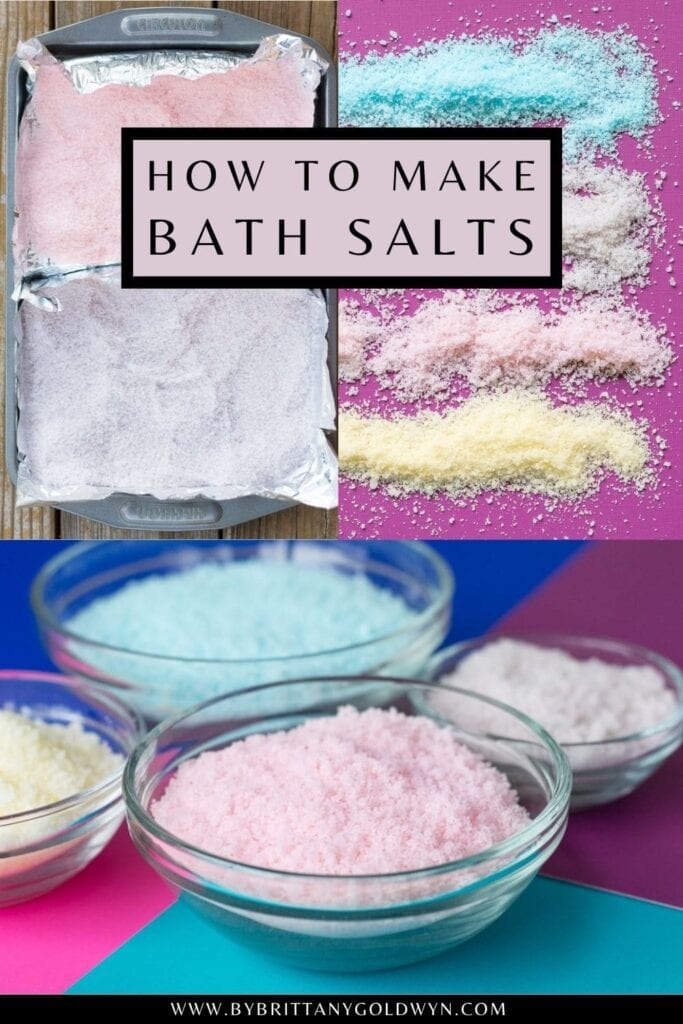 pinnable graphic with images of baked bath salts with text overlay about how to make them