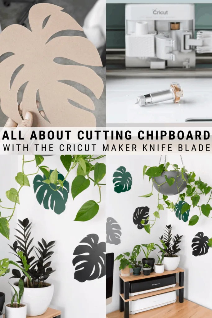 pinnable graphic about cutting chipboard with the Cricut maker knife blade including photos and text overlay