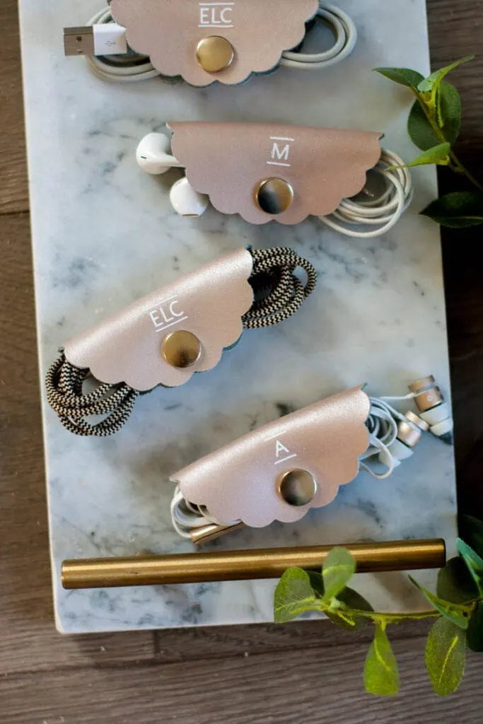 personalized DIY cord organizers on a table