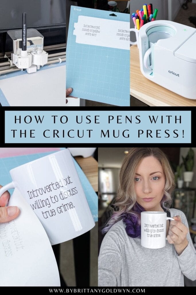 image collage of true crime themed mugs with text about how to make them at home using the cricut mug press