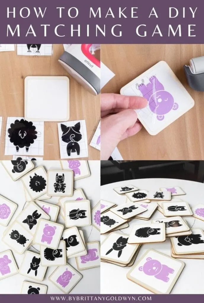 pinnable graphic about how to make a DIY matching game using your Cricut including photos and text overlay
