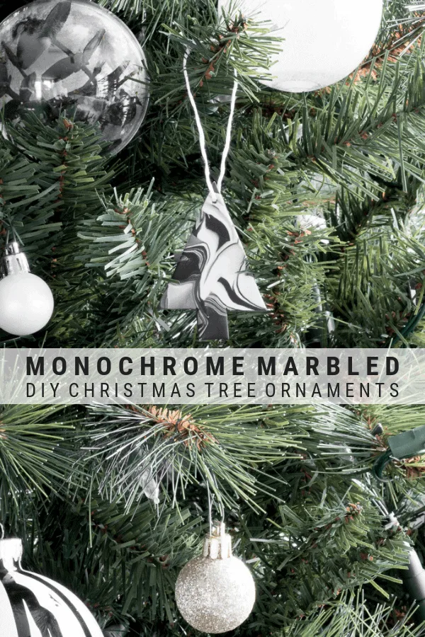 pinnable graphic about how to make marbled Christmas ornaments using clay including a photo of the finished ornament and text overlay