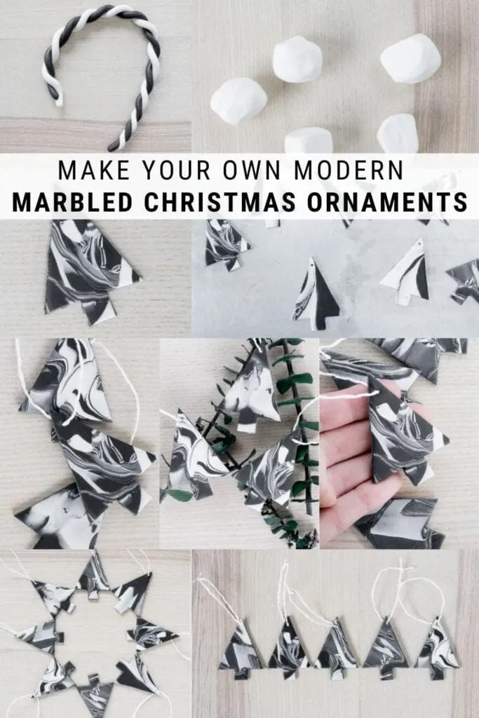 pinnable graphic about how to make marbled Christmas ornaments using clay including photos of the ornaments and text overlay