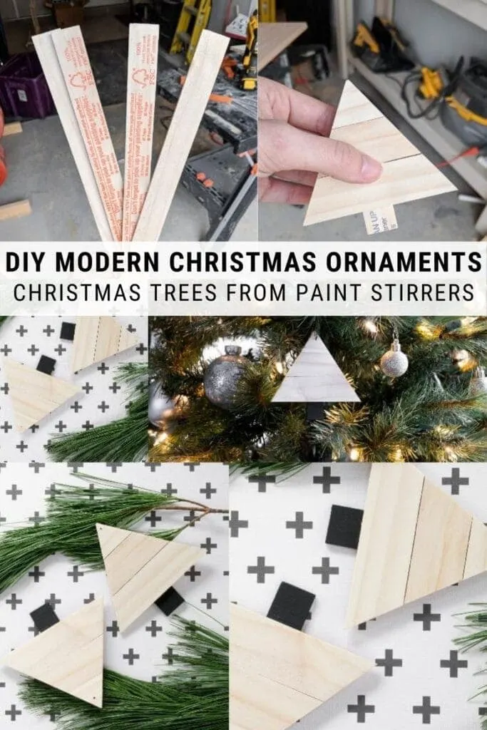 pinnable graphic about how to make modern Christmas ornaments using painter stirrers