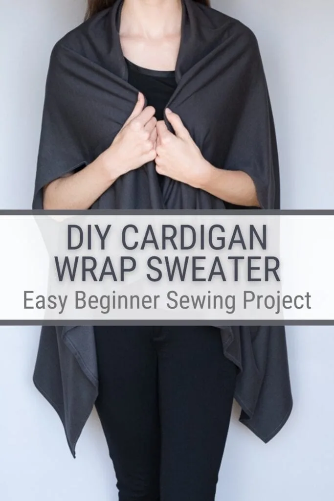 pinnable graphic about how to sew a wrap cardigan sweater including an image of the project and text overlay