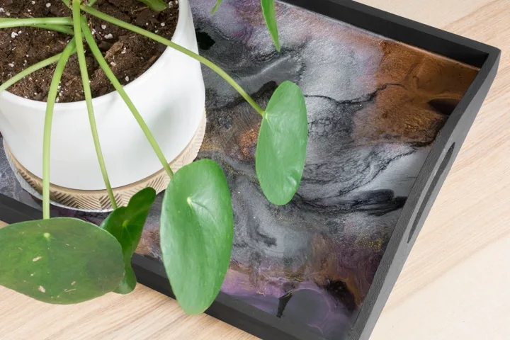 finished resin and wood tray with a plant on it