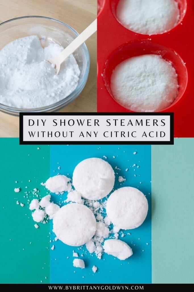 pinnable graphic with a photo collage of DIY shower steamers without any citric acid with text overlay