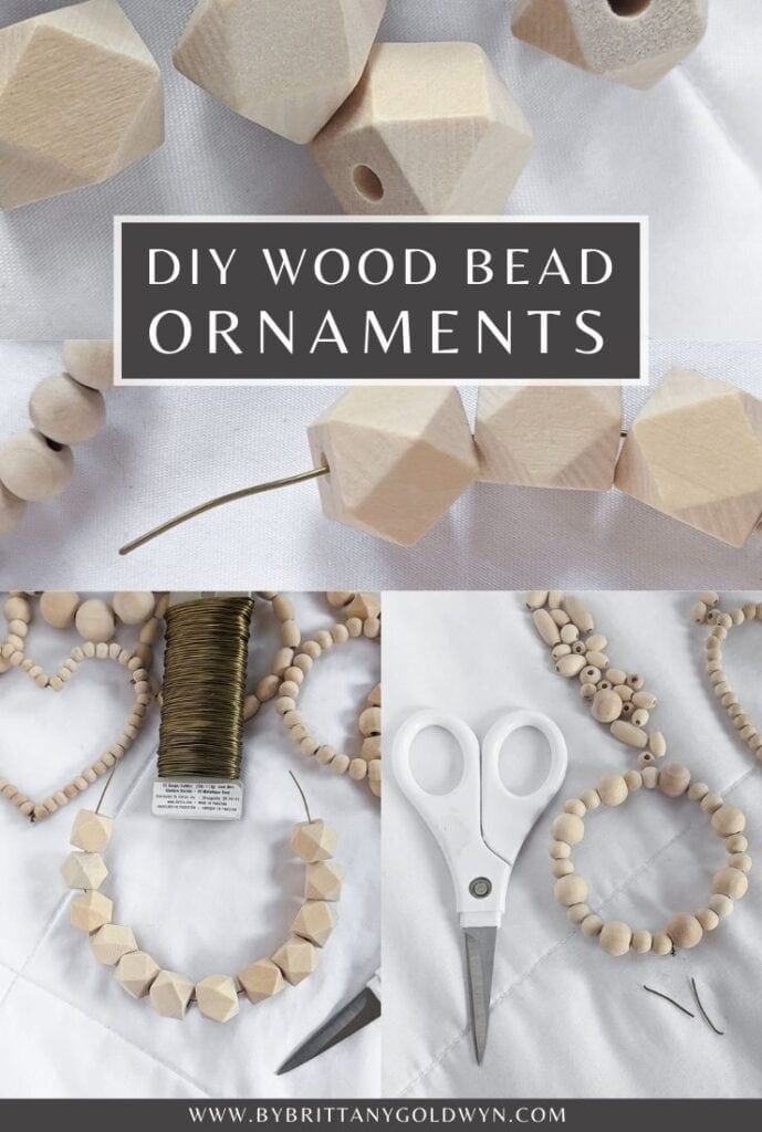 pinnable graphic about DIY wood bead ornaments with images of the process and text overlay