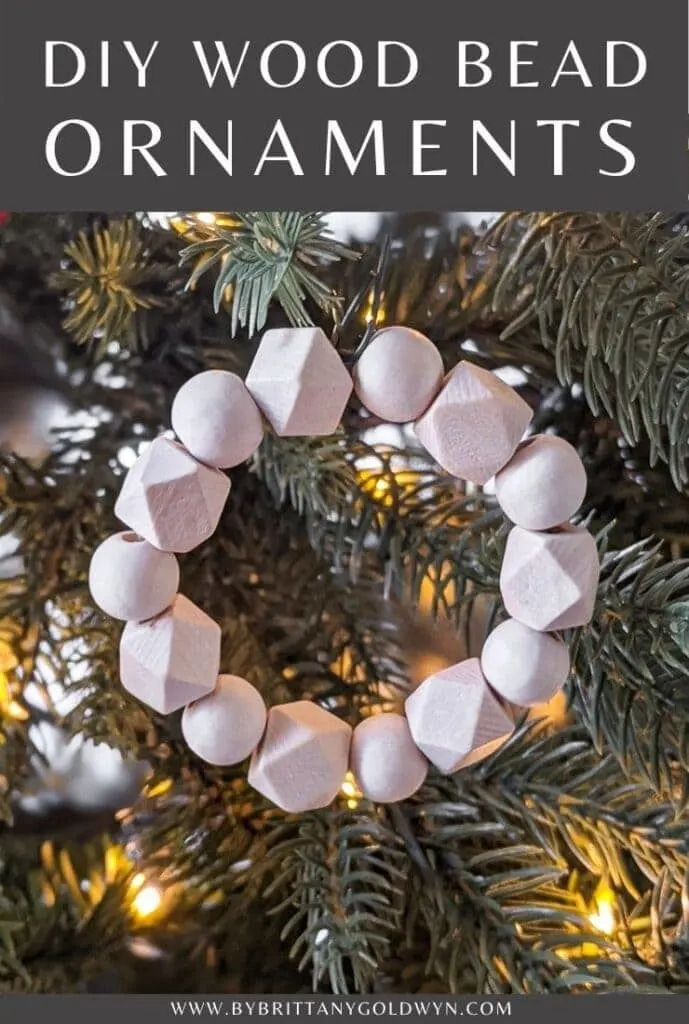 pinnable graphic about DIY wood bead ornaments with an image and text overlay