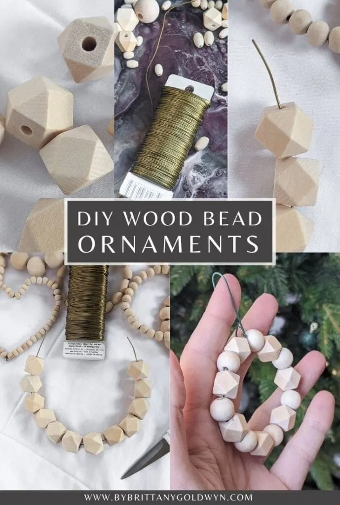 pinnable graphic about DIY wood bead ornaments with images of the process and text overlay