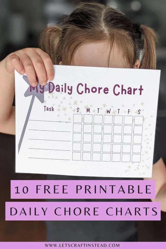 pinnable graphic about 10 free printable daily chore charts including an image of a little girl holding one