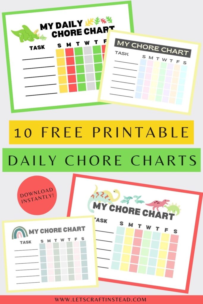 pinnable graphic of free printable daily chore charts including images of some of them with text overlay