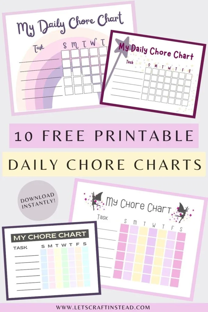 pinnable graphic of free printable daily chore charts including images of some of them with text overlay