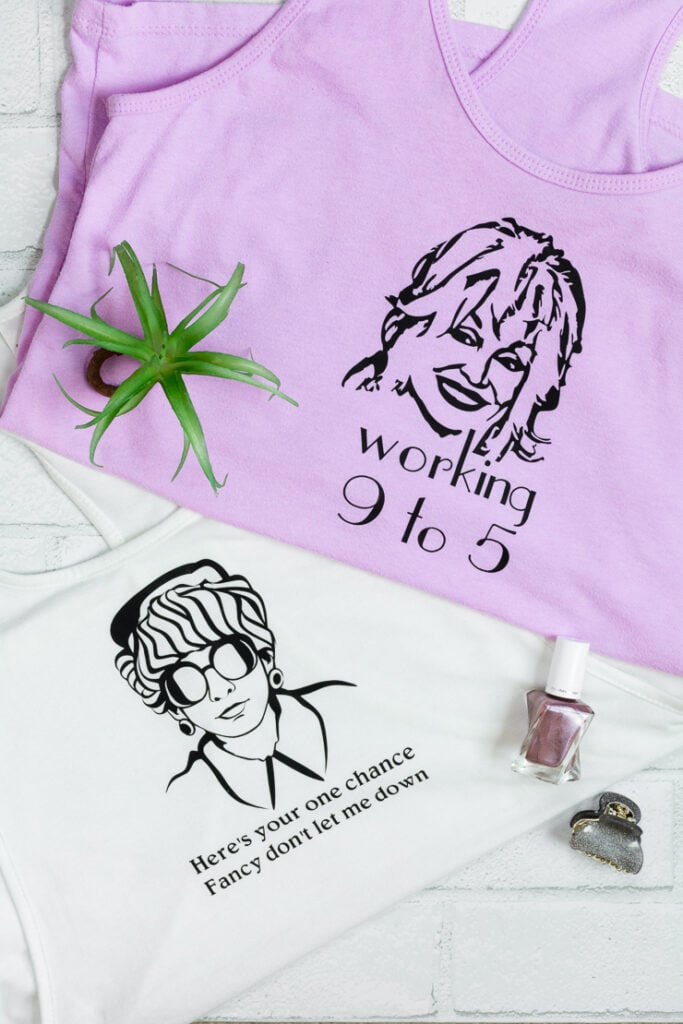 dolly parton and reba mcentire svg files cut out of vinyl and transferred onto shirts