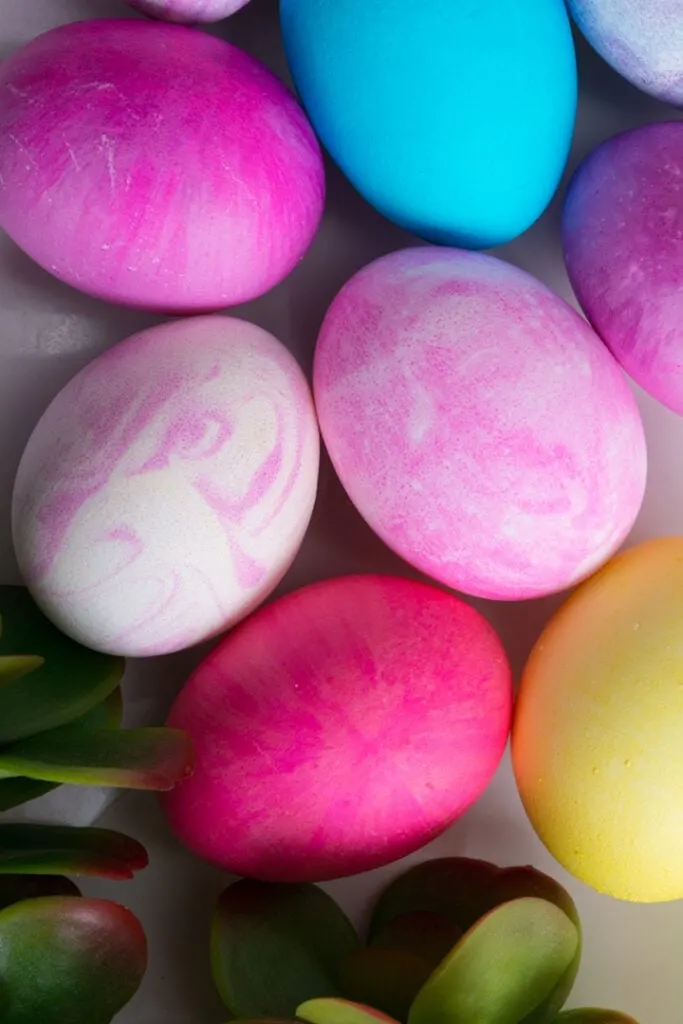 eggs dyed using food coloring and shaving cream